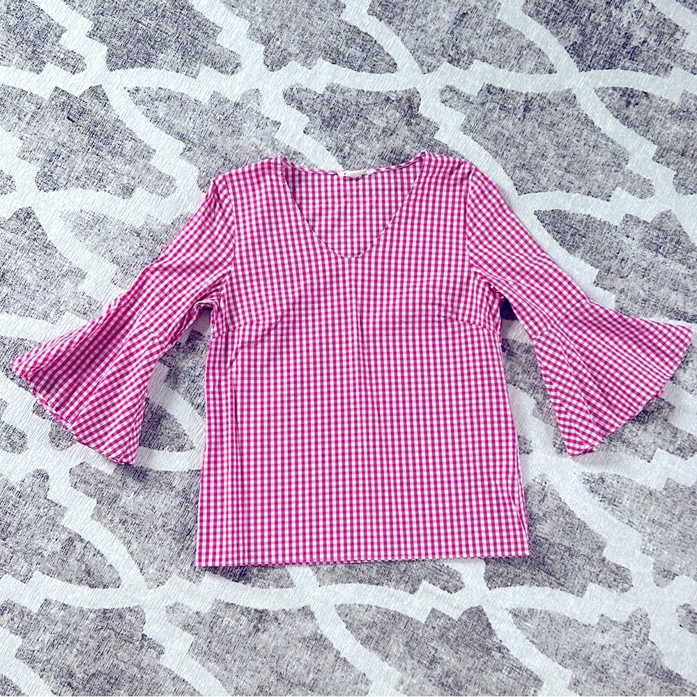 [SOLD] Pink Buffalo plaid shirt with flared sleeves.